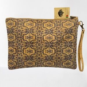 Natural Cork Wristlet Bag Pouch Eco Purse Tan Blue Floral Tile Portugal Made NWT